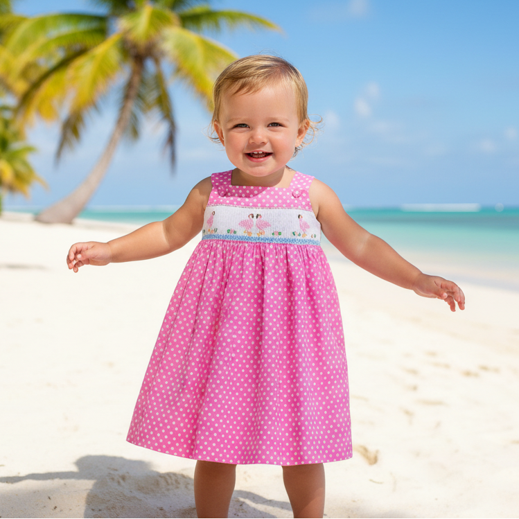 Hand Smocked Flamingos Toddler & Youth Girl Dress - 6Y