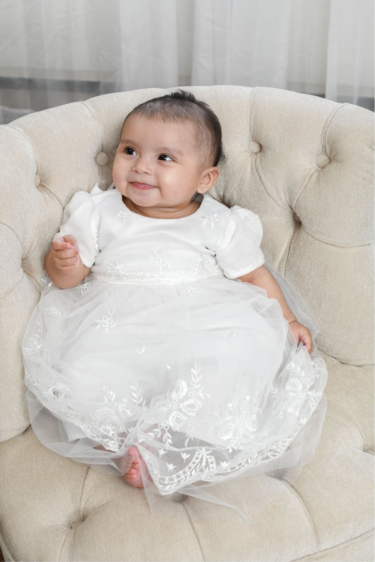 Baby Girl White Princess Christening Lace Gown - with Matching Bonnet
