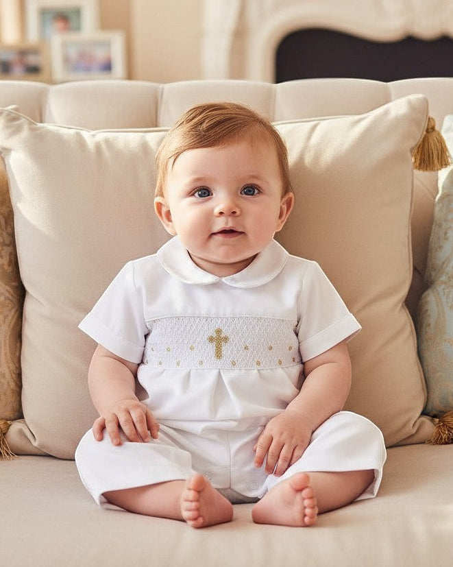 Boys' Long Christening & Baptism Outfit Set – Hand Smocked Cross by Carriage Boutique