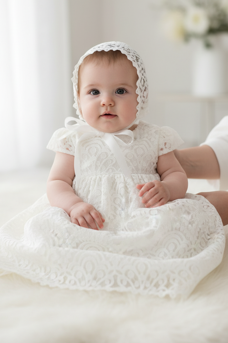 Elegant Lace Christening & Baptism Gown with Bonnet Elegant Lace Christening & Baptism Gown with Bonnet