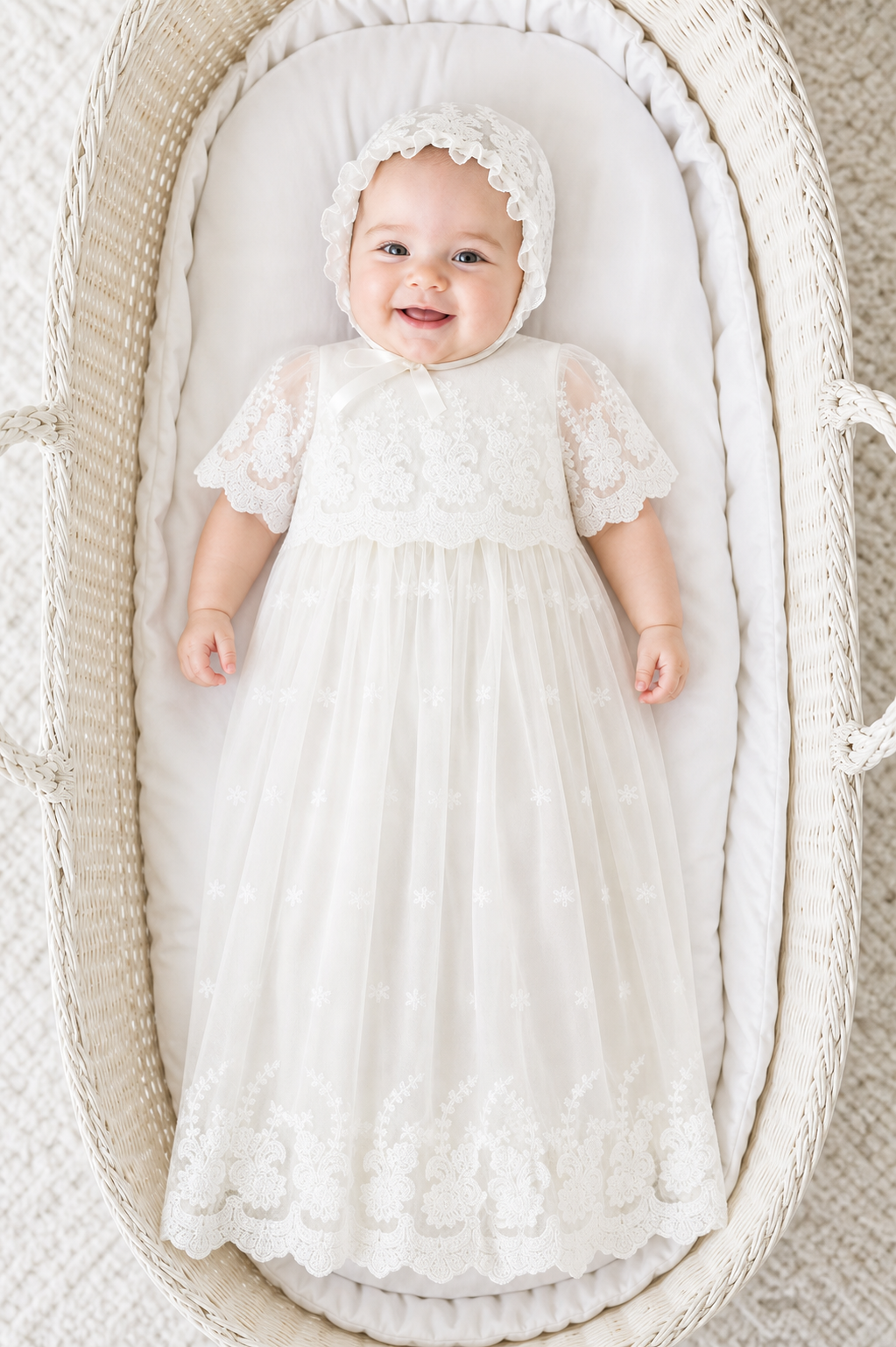 christening dress infant Baby Girl Christening Gown Star Lace with Bonnet