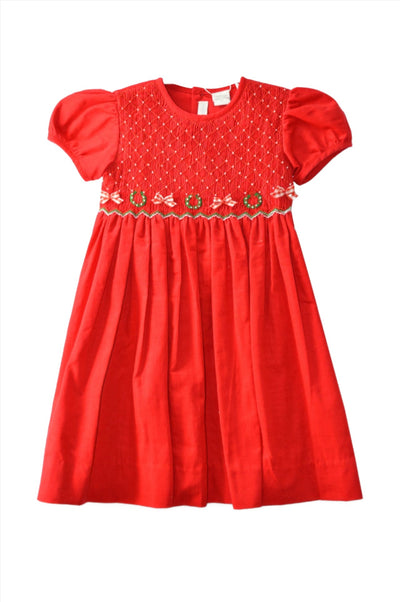 Smocked Christmas Corduroy Red Short Sleeve Toddler Girl Dress