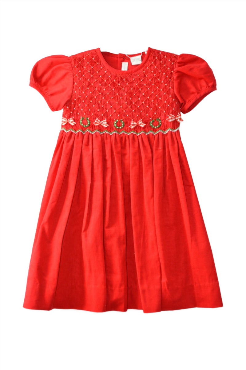 Smocked Christmas Corduroy Red Short Sleeve Toddler Girl Dress