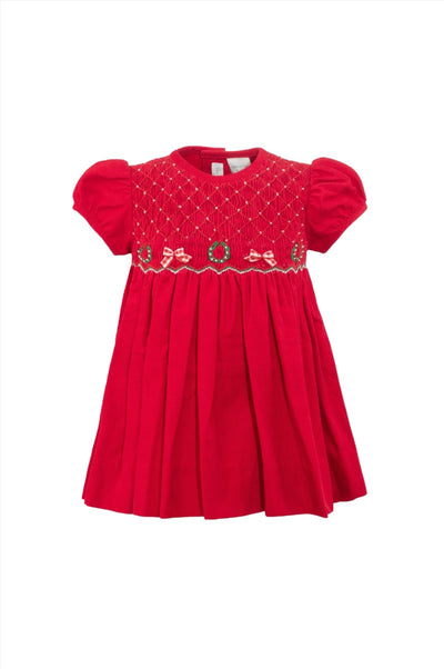 Smocked Corduroy Red Baby Girl Short Sleeve Dress with Panty