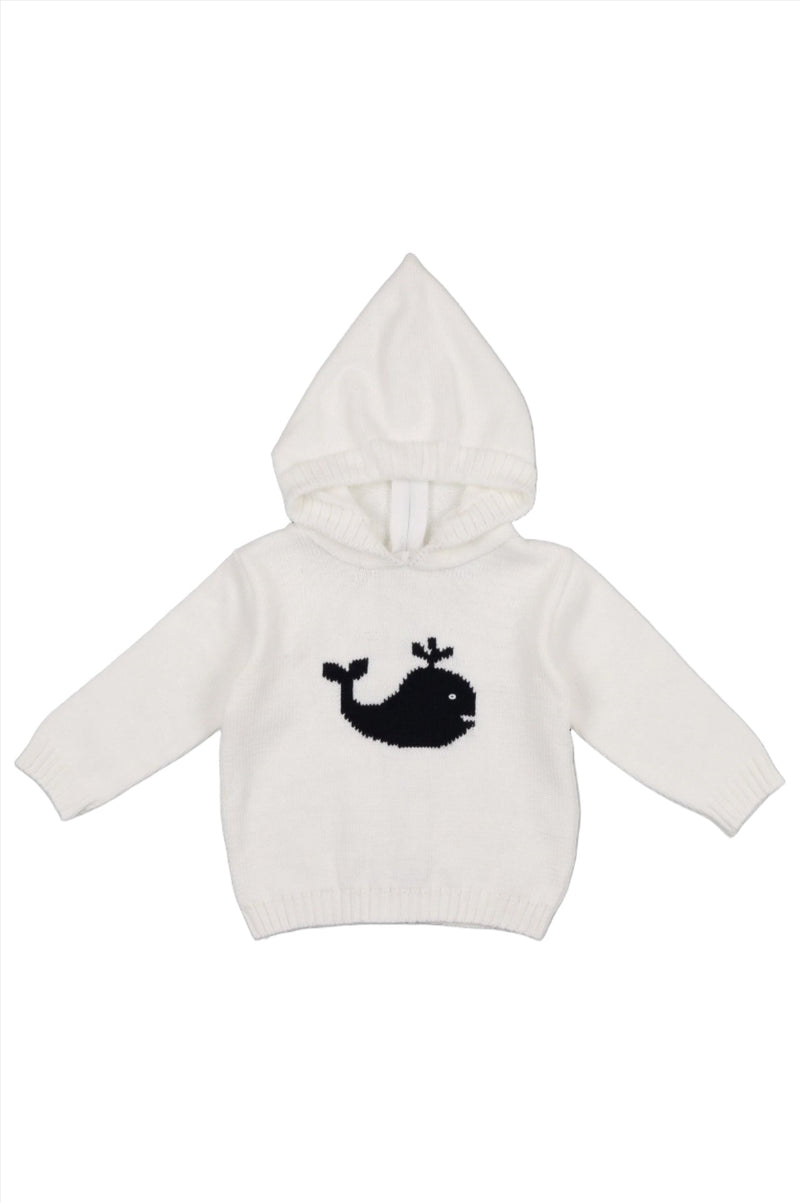 Smocked Whale Hooded Zip Back Baby & Toddler White Sweater - Carriage Boutique