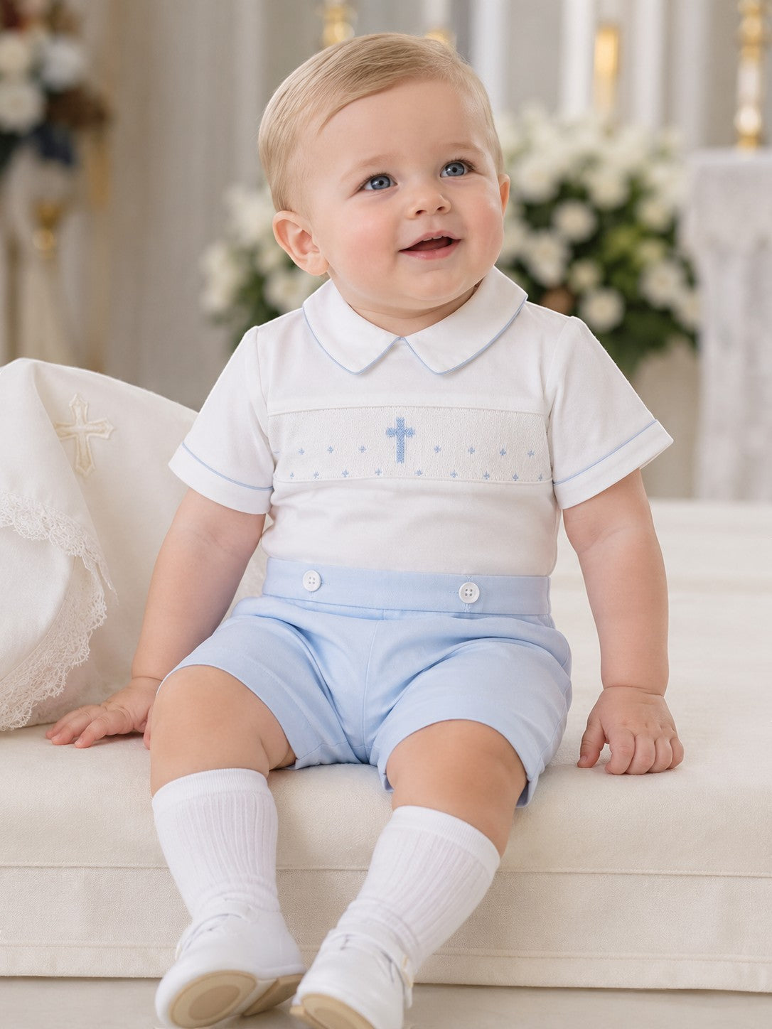 cotton dress for baby boy Boy Christening & Baptism Short Set – Bobby Suit Hand Smocked Cross by Carriage Boutique