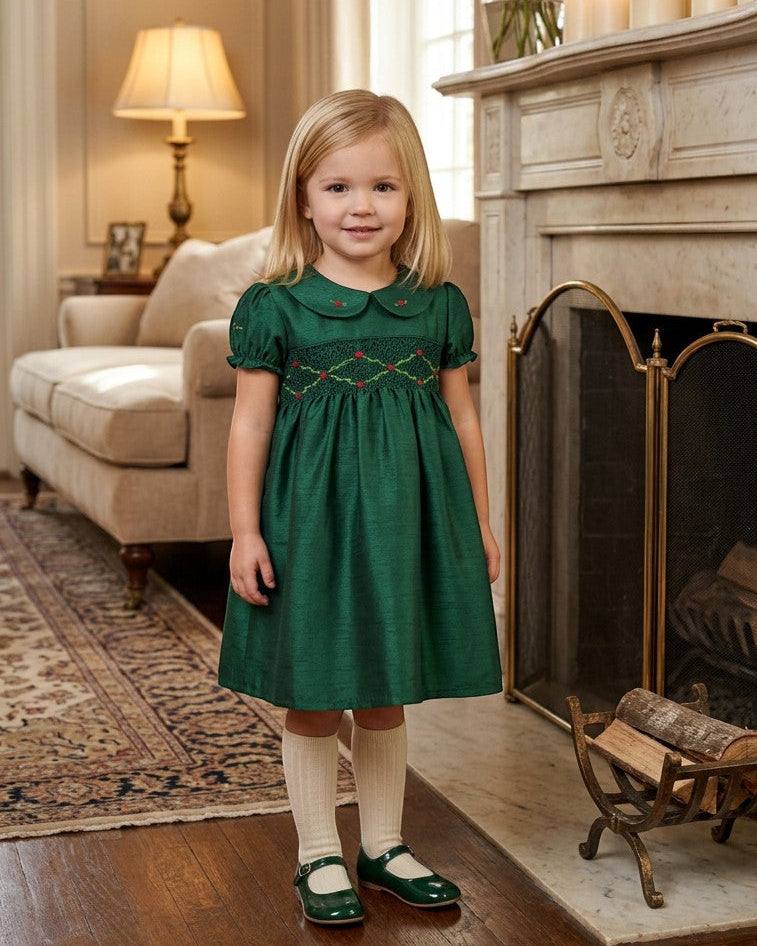 Floral Smocked Green Silk Short Sleeve Toddler Dress