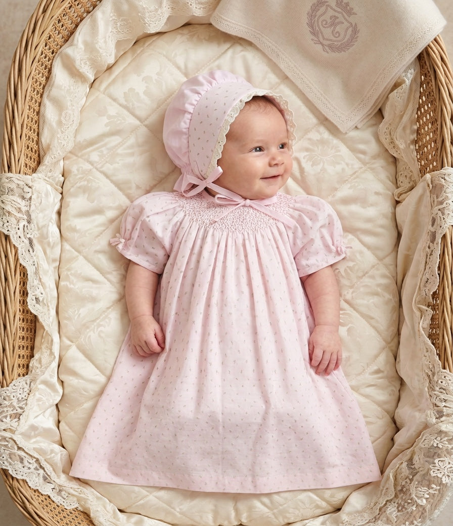 newborn cotton dress Pink Rosebud Print Baby with Bonnet – Carriage Boutique Better-Than-A-Slip Dress (Size):S Royal Blue Pleated Sleeveless charming and comfortable garment bat sleeves