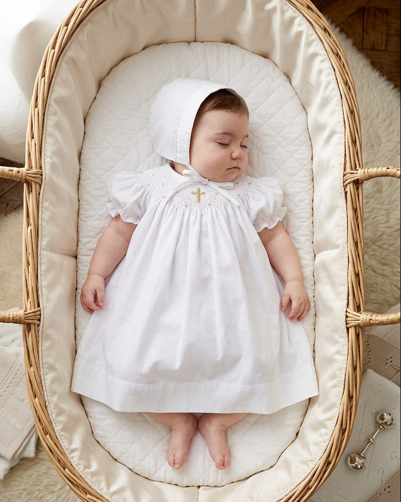 Baby Girls Christening & Baptism Smocked Gold Cross Bishop Dress with Bonnet