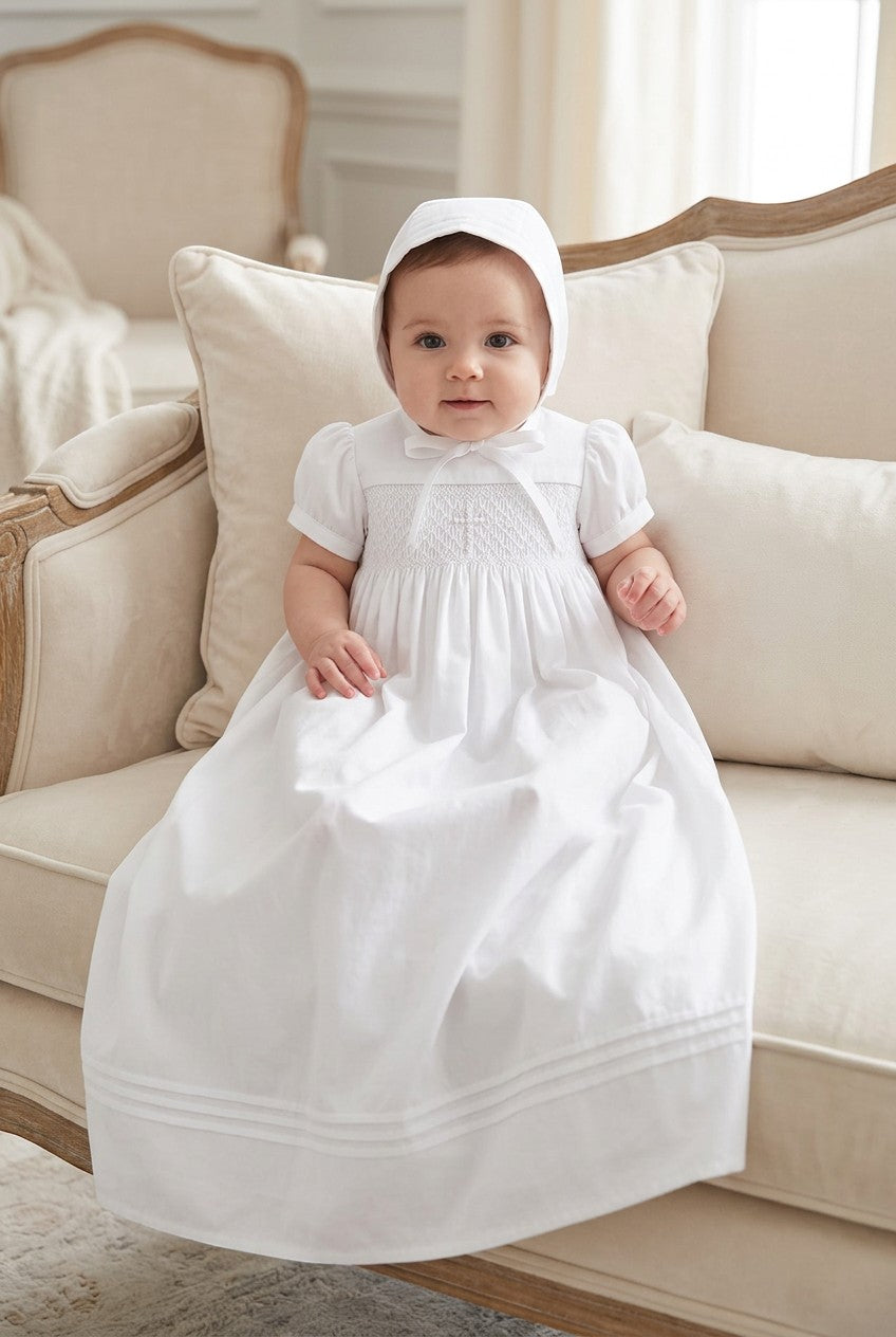 Hand Smocked Cross Christening Gown with Matching Bonnet
