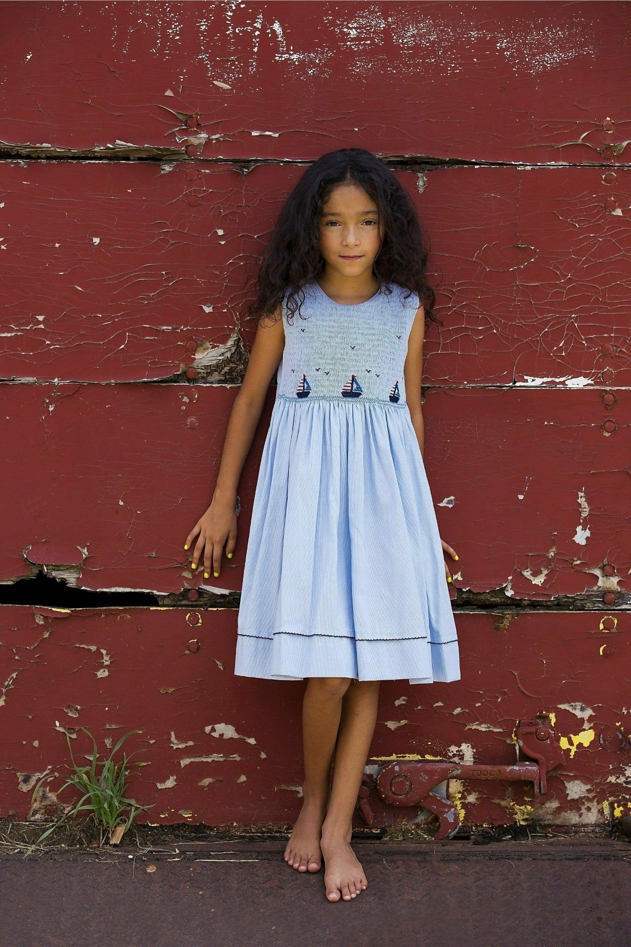 Smocked Freedom Boats Blue Toddler & Youth Girl Dress - 5Y Smocked Freedom Boats Blue Toddler & Youth Girl Dress - 5Y