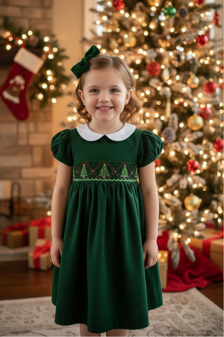 Smocked Christmas Trees Short Sleeve Toddler Girl Dress Smocked Christmas Trees Short Sleeve Toddler Girl Dress