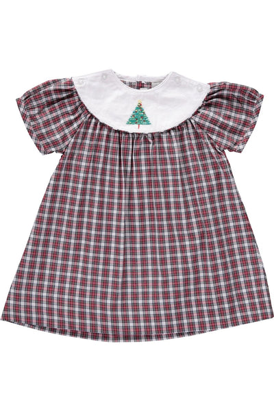 Smocked Holiday Plaid Removable Bib Baby Girl Dress