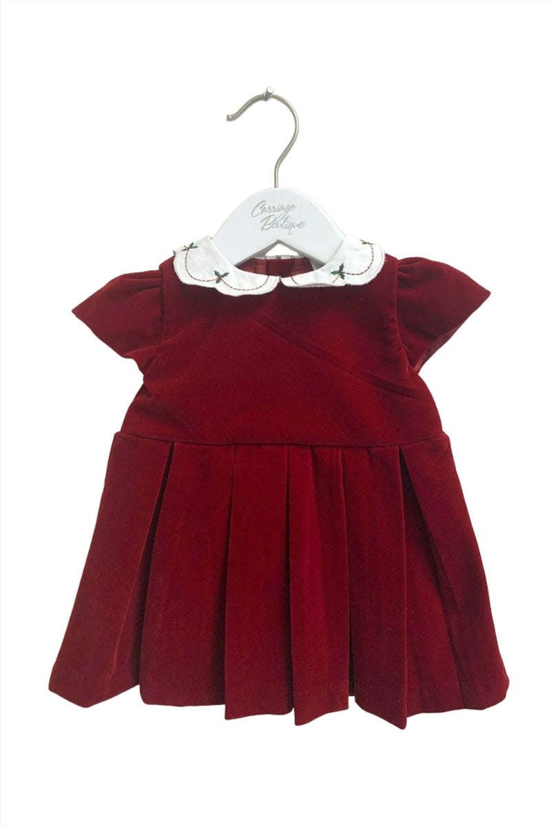 Baby Girl Red Velvet Short Sleeve Dress with PK Collar