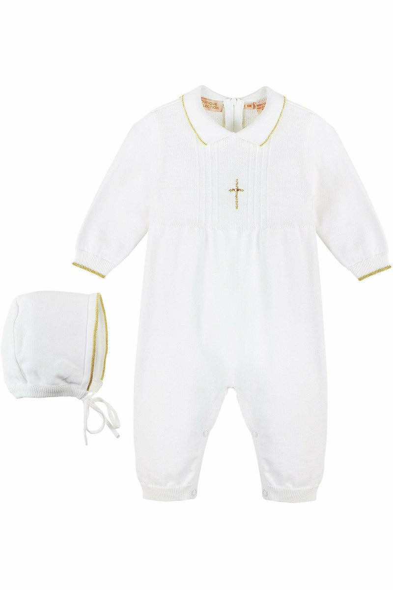 Baby Boy Knit Pearl Gold Cross Outfit + Bonnet - Carriage Boutique