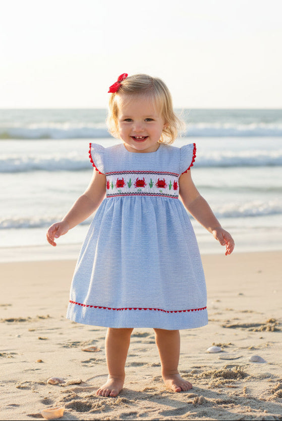 Smocked Crabs Blue Striped Girl Dress (Babies & Toddlers) - 5Y Smocked Crabs Blue Striped Girl Dress (Babies & Toddlers) - 5Y