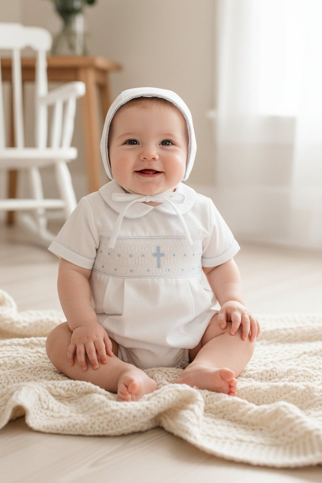 White Smocked Cross Romper Baby Boy Christening Outfit – Carriage Boutique White Smocked Cross Romper Baby Boy Christening Outfit – Carriage Boutique