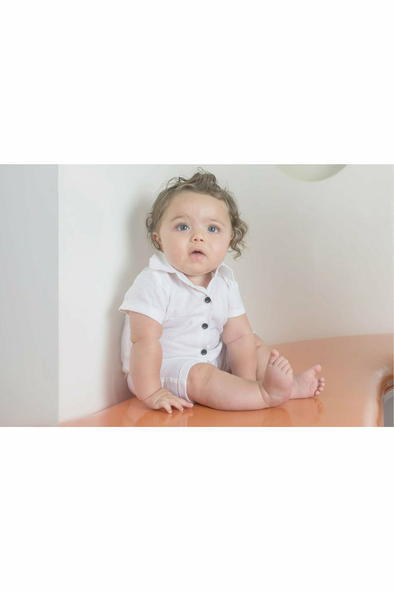 White Linen Baby Boy Romper with Collar