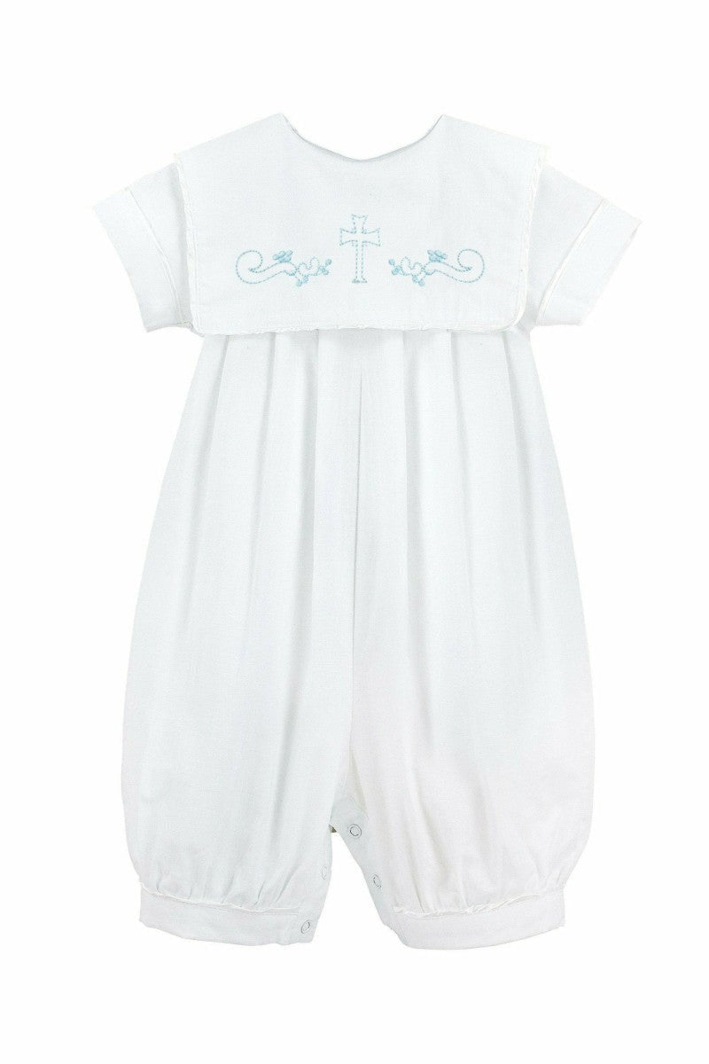 Long Romper Embroidered Cross Baby Boy Christening Outfit 2  - Carriage Boutique