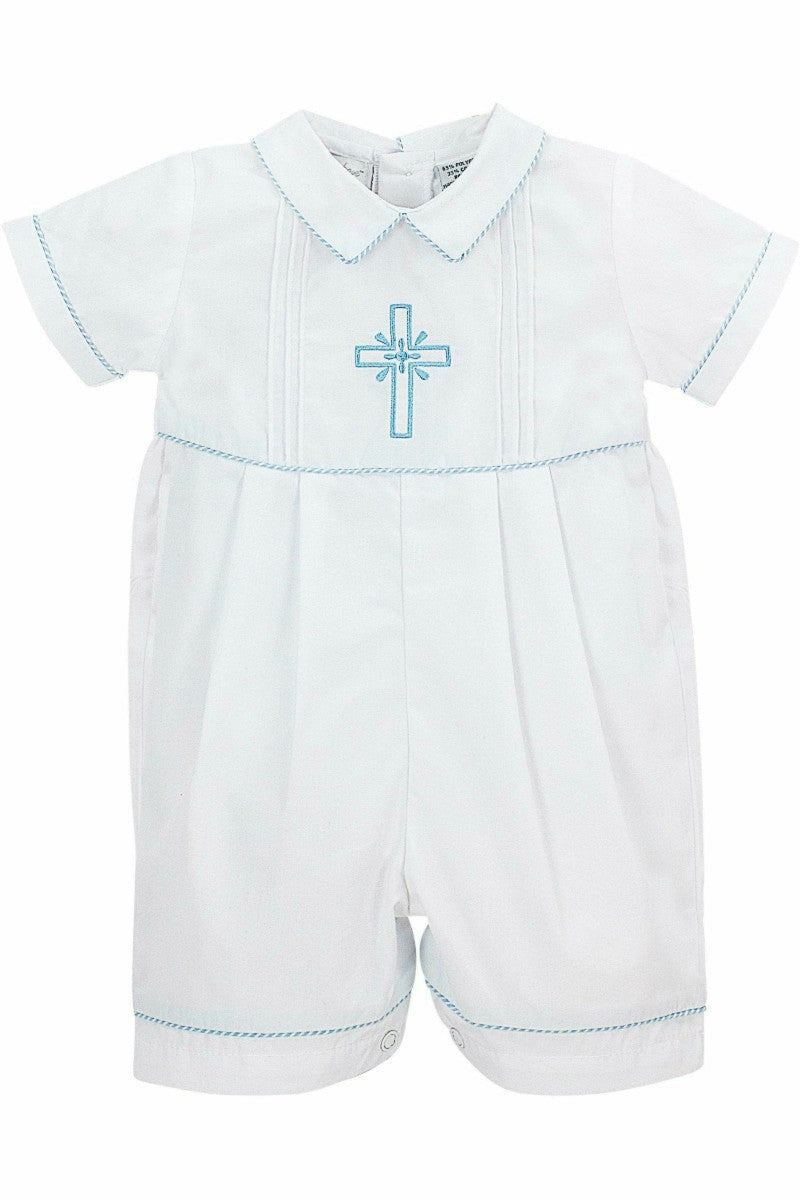 Baby Boy Christening Embroidered Cross Shortall 3 - Carriage Boutique