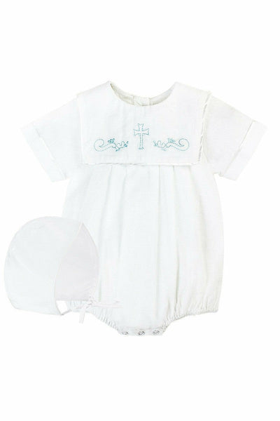 Hand Embroidered Cross Baby Boy Christening Outfit with Bonnet - Carriage Boutique
