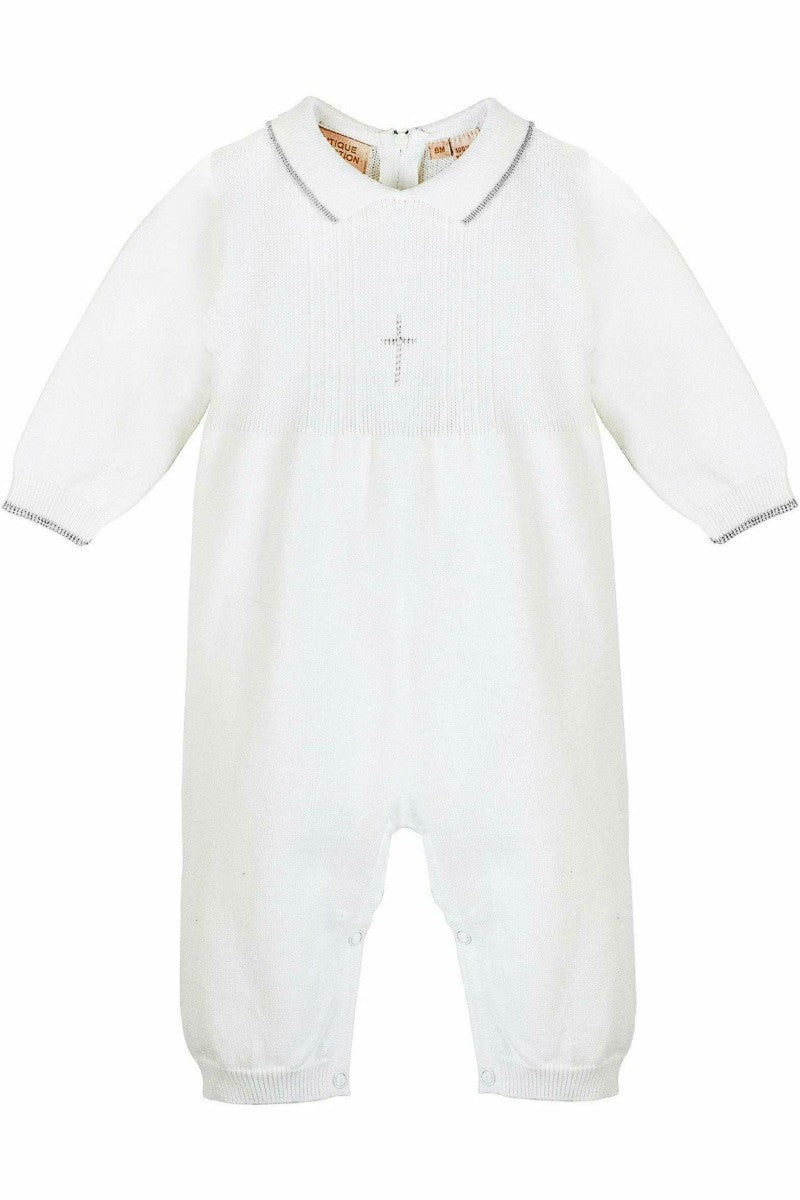 Knit Pearl Silver Cross Baby Boy Christening Outfit with Bonnet 2 - Carriage Boutique