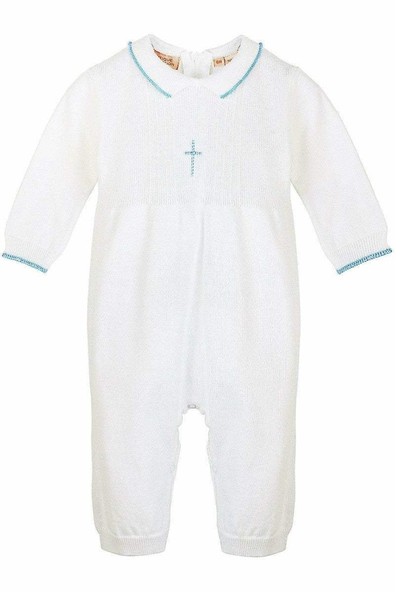 Baby Boy Christening Knit Blue Pearl Cross Outfit with Bonnet 2 - Carriage Boutique