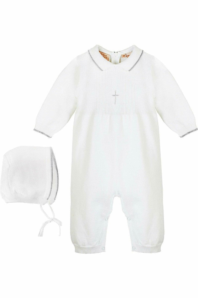 Knit Pearl Silver Cross Baby Boy Christening Outfit with Bonnet - Carriage Boutique