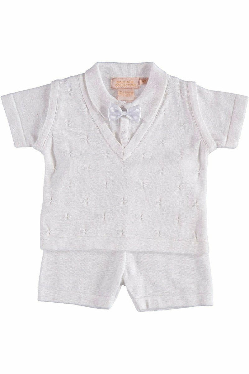Baby Boy Knit Outfit White Short Set 2 - Carriage Boutique