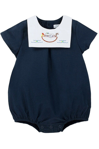 Noah's Ark Navy Blue Bib Embroidery Baby Boy Romper - Carriage Boutique
