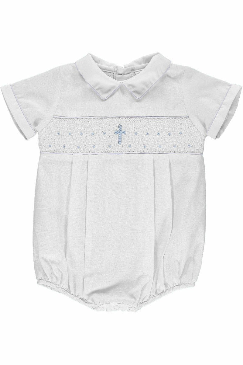 White Smocked Cross Romper Baby Boy Christening Outfit with Bonnet 3 - Carriage Boutique