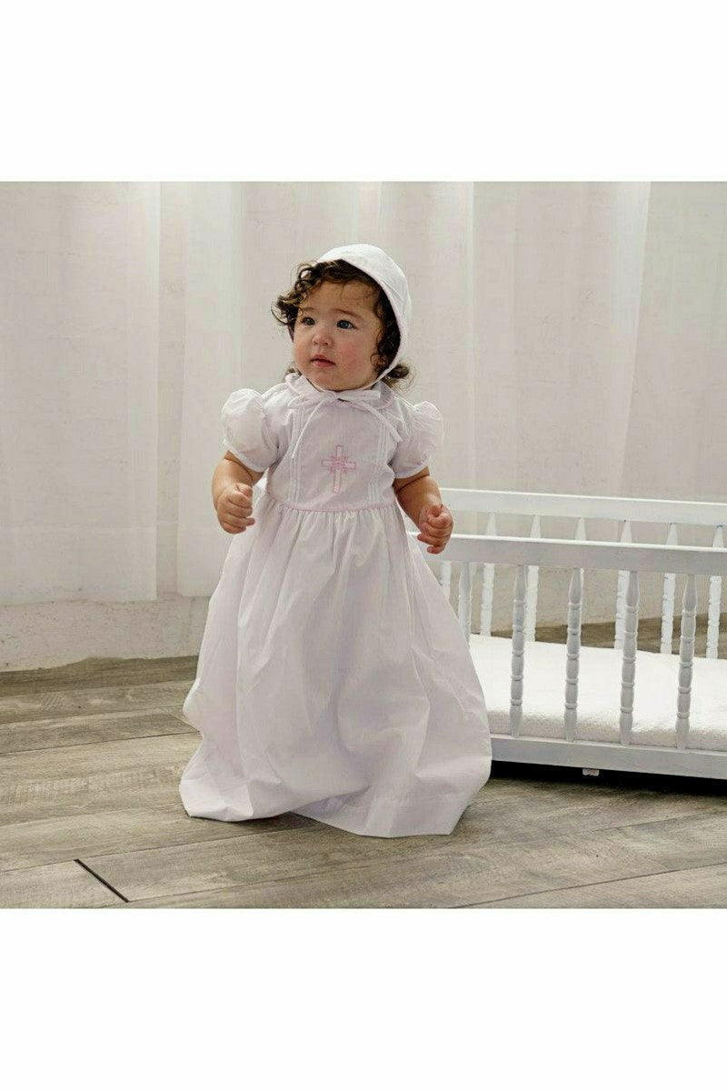 Baby Girl Christening Gown Pink Embroidered Cross with Bonnet - 3M Baby Girl Christening Gown Pink Embroidered Cross with Bonnet - 3M