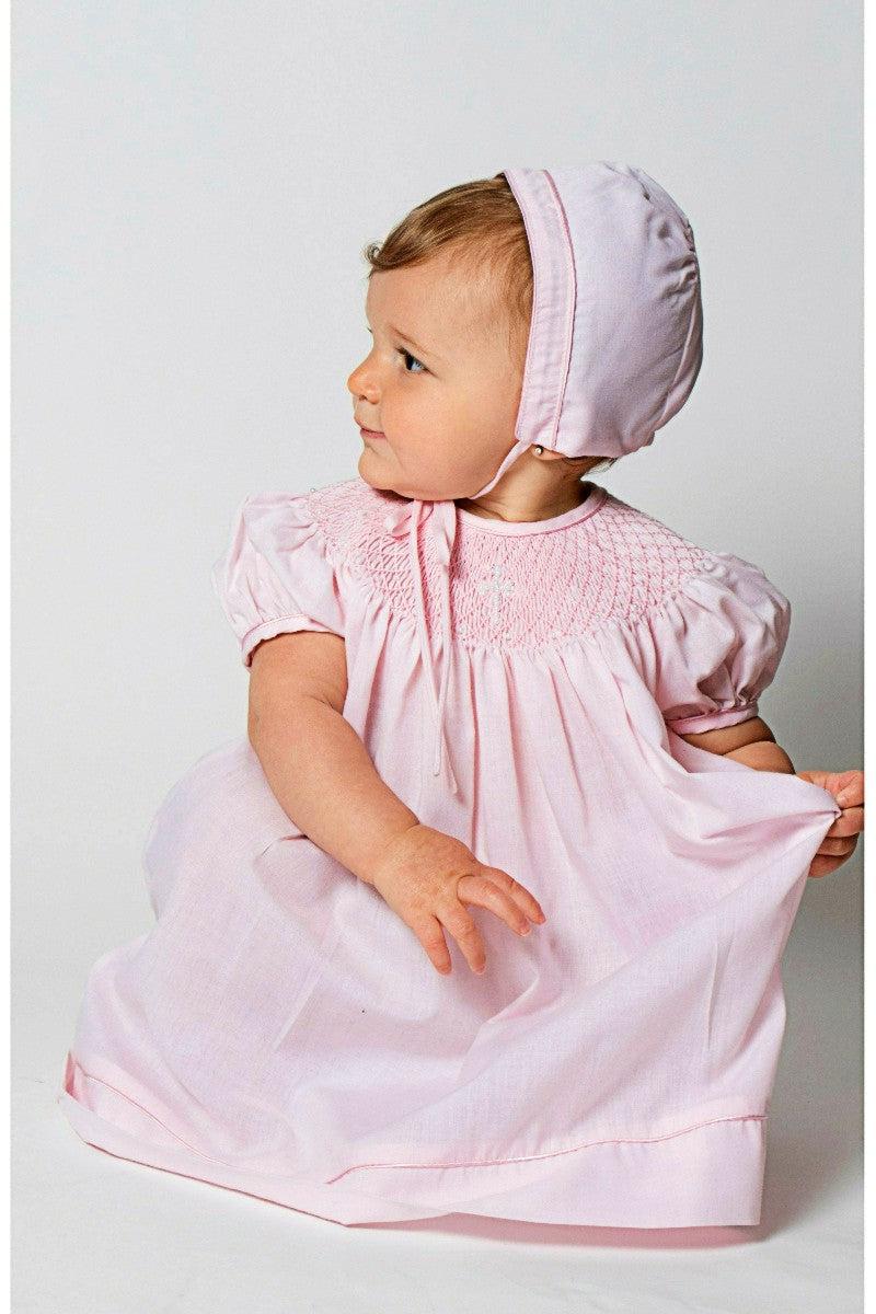 Hand Smocked Pearl Cross Baby Girl Christening Bishop Dress