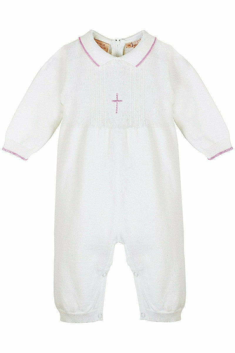 Pearl Pink Cross Baby Girl Knit Outfit with Bonnet 4 - Carriage Boutique