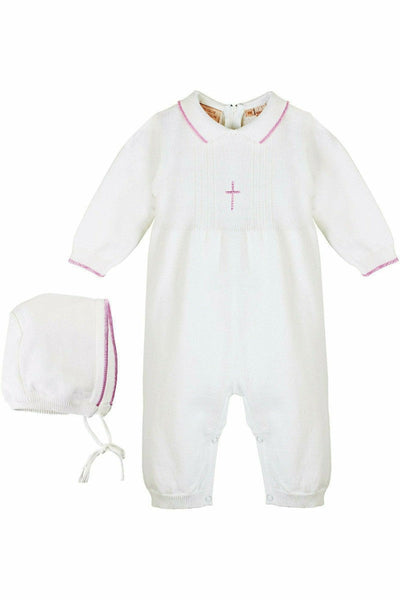 Pearl Pink Cross Baby Girl Knit Outfit with Bonnet - Carriage Boutique