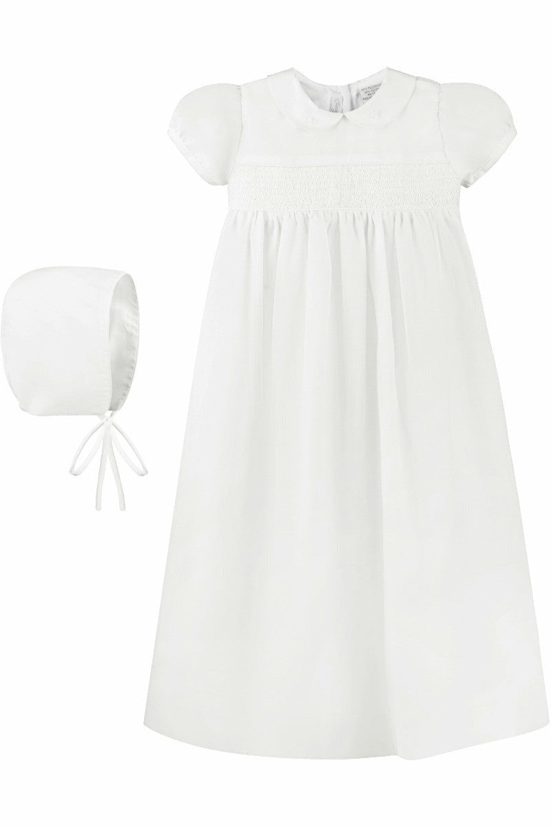 White Smocked Cross Baby Christening Gown with Bonnet – Carriage
