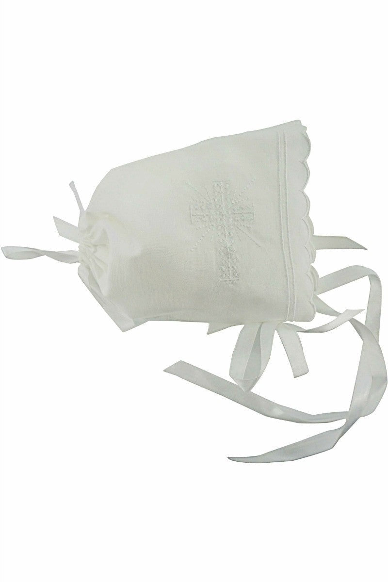 Embroidered Cross Christening & Baptism Bonnet 2 - Carriage Boutique