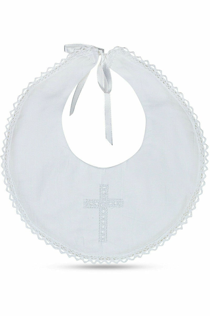 Christening Bib with Hand Embroidered Cross and Satin Ribbon 4 - Carriage Boutique