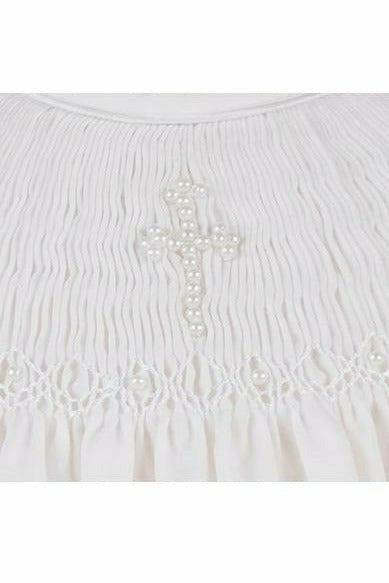 Hand Smocked Christening Pearl Cross Baby Girl Bishop Dress with Bonnet 3 - Carriage Boutique