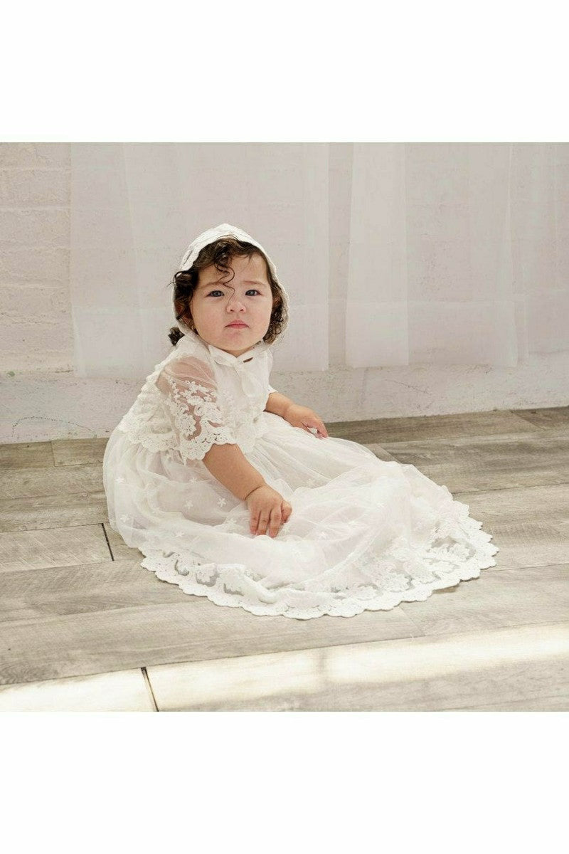 Star Lace Baby Girl Christening Gown with Bonnet 3 - Carriage Boutique