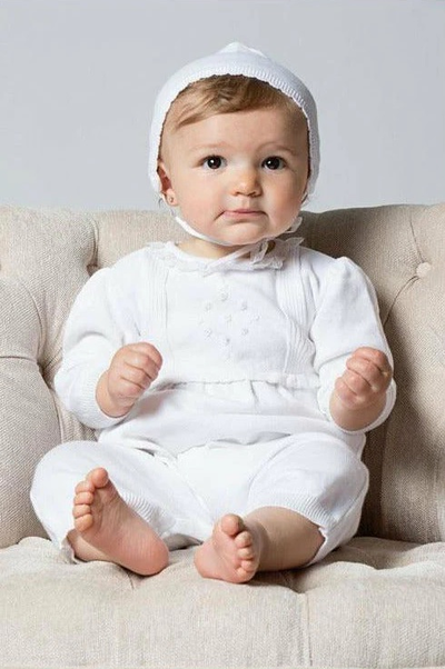 Christening Outfits for Baby Girl: Baby Girl in White Suit with Bonnet - Carriage Boutique