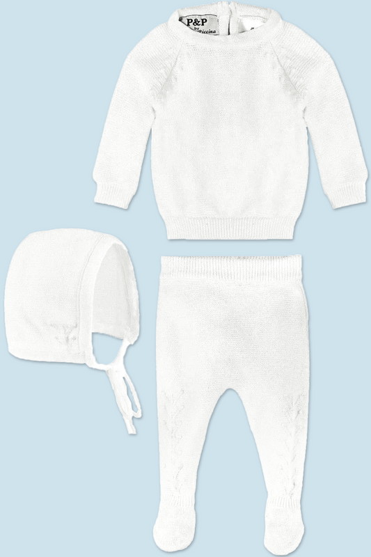 2 Piece Knit Leaf Baby Boy Brish & Christening Outfit with Bonnet