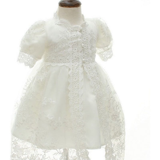 2 pc Short Sleeve Girl Christening Gown with Lace Overlay 2
