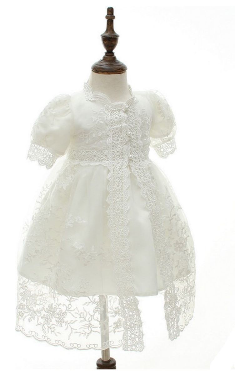 2 pc Short Sleeve Girl Christening Gown with Lace Overlay 2