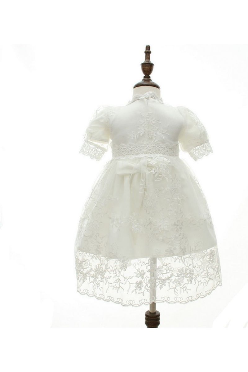 2 pc Short Sleeve Girl Christening Gown with Lace Overlay 3
