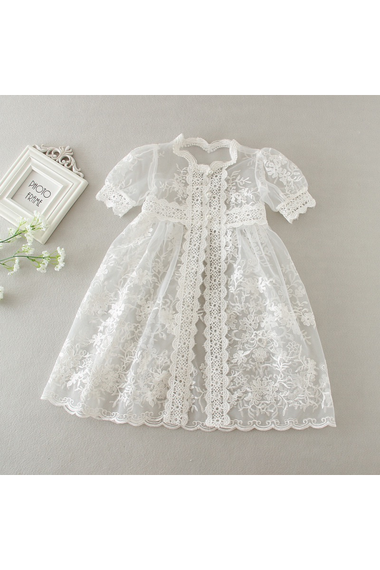 2 pc Short Sleeve Girl Christening Gown with Lace Overlay 5
