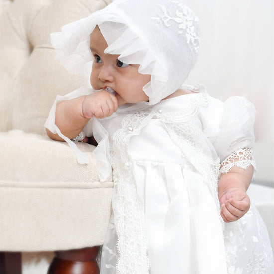 2 pc Short Sleeve Girl Christening Gown with Lace Overlay