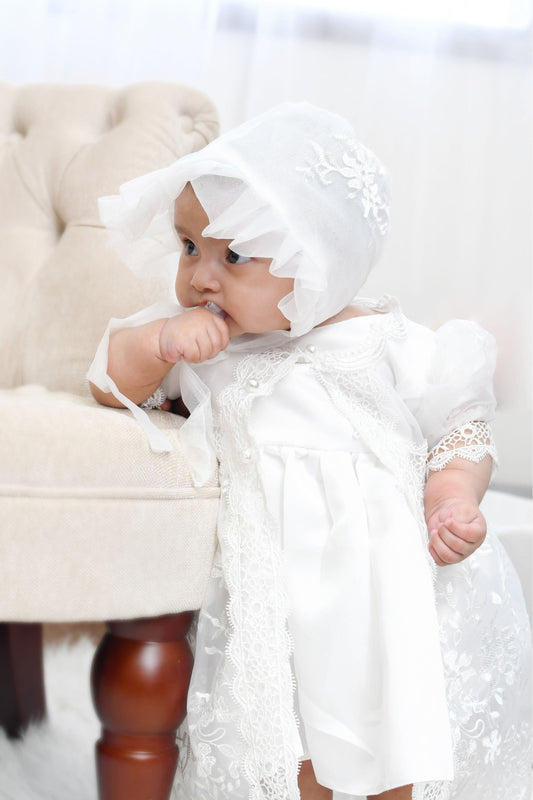 2 pc Short Sleeve Girl Christening Gown with Lace Overlay