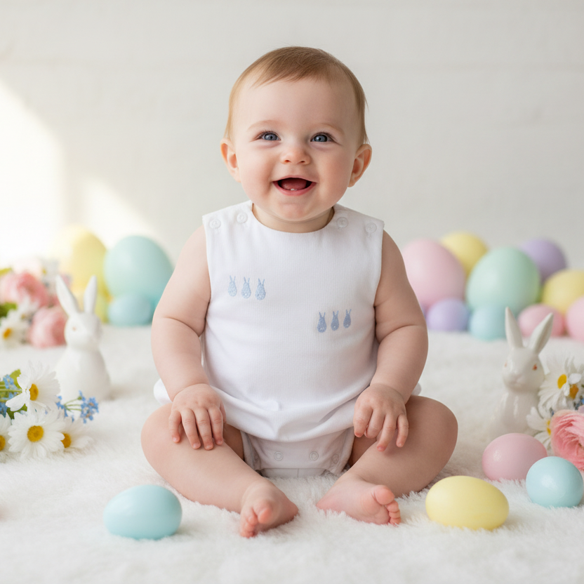 Baby sitting on a white surface with pastel Easter eggs and decorations in the background
