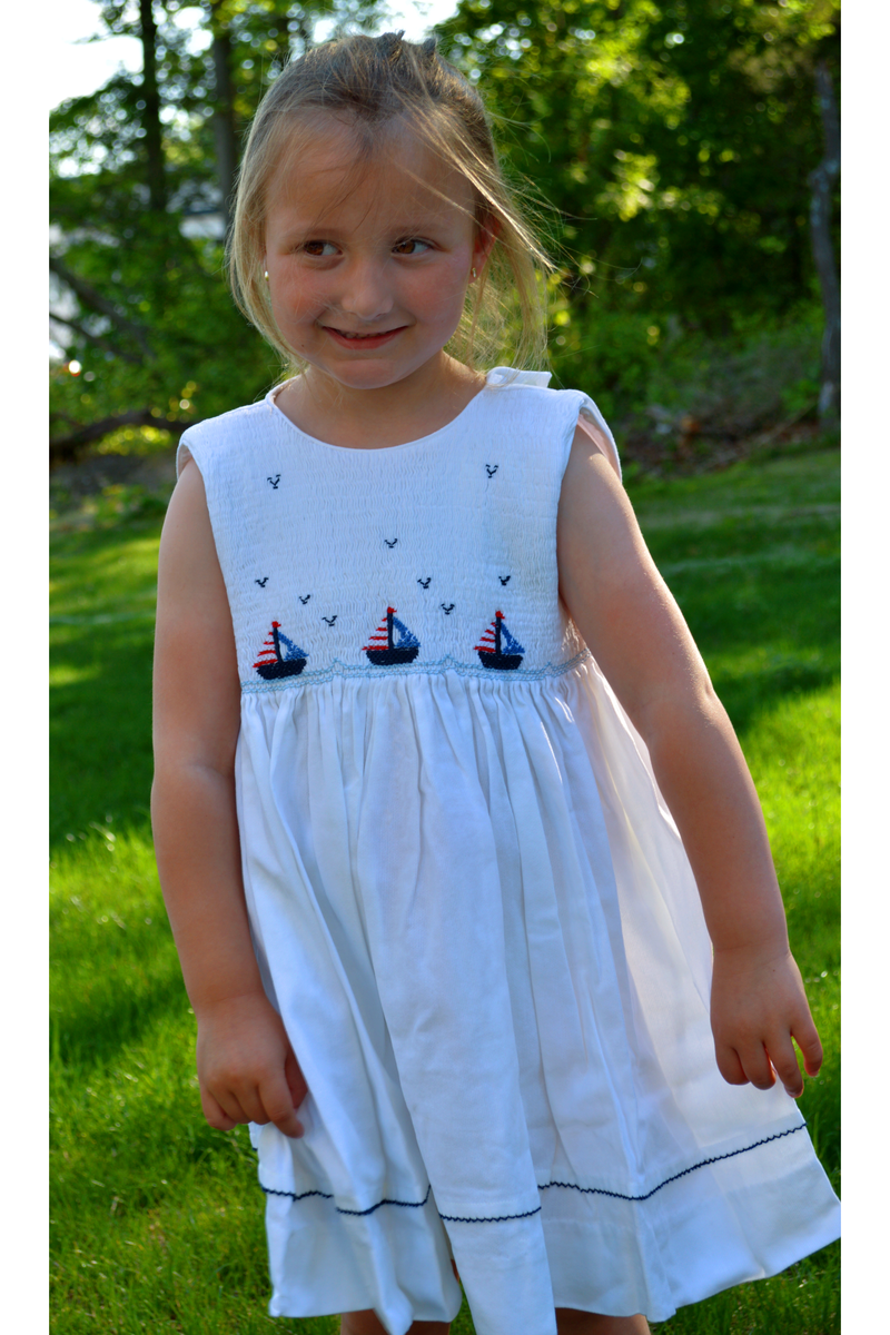 Smocked Boats White Sleeveless Toddler Girl Dress